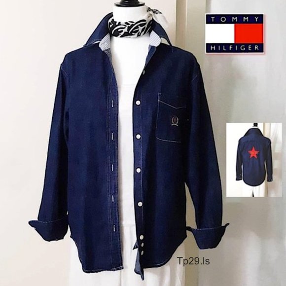 TOMMY HILFIGER Blue Denim Cotton Shirt Jean Jacket L-Sleeve Collar Button Down - Picture 1 of 13